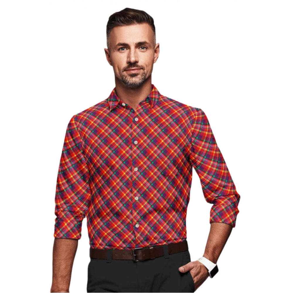 Generic Men's Red Cotton Blend Checked Full Sleeve Shirt