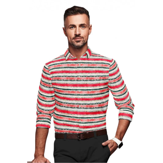 Men's Red-White Cotton Blend Striped Full Sleeve Shirt