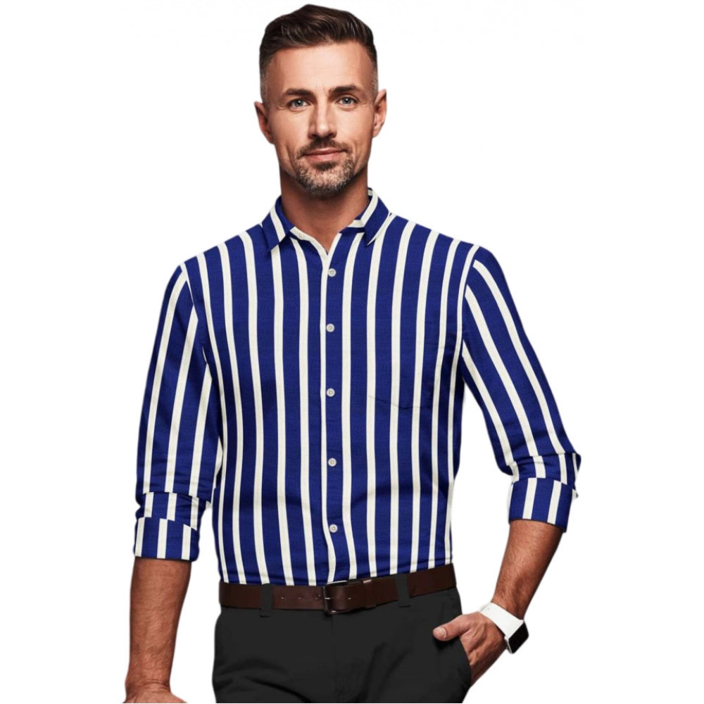 Generic Men's White-Blue Cotton Blend Striped Full Sleeve Shirt