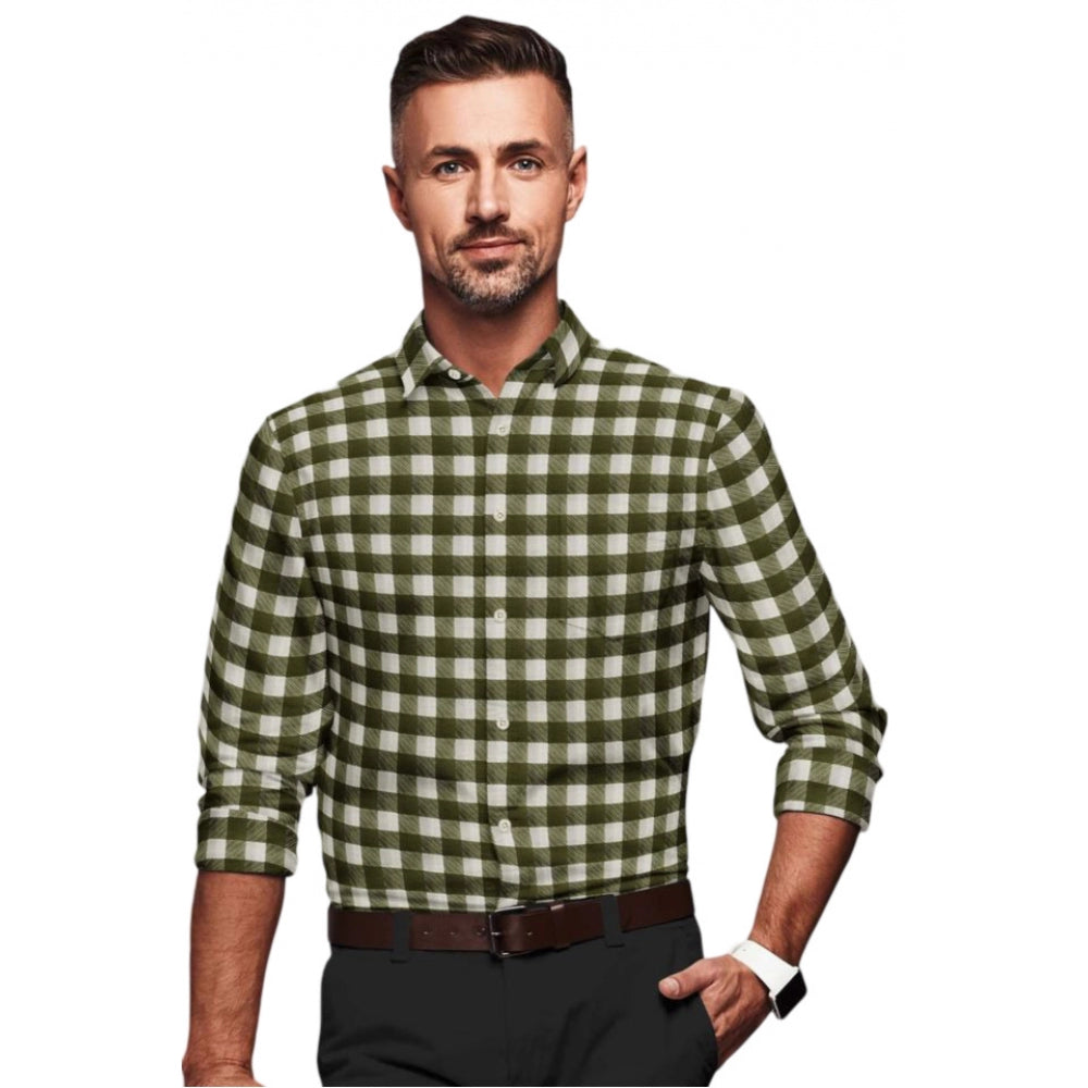Generic Men's White-Green Cotton Blend Checked Full Sleeve Shirt