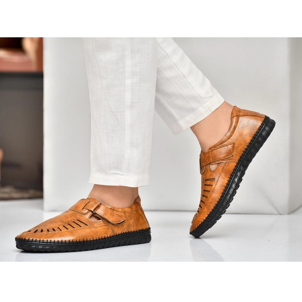 Men's Tan Faux Leather Slip-On Sandals