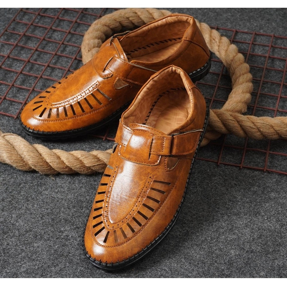 Men's Tan Faux Leather Slip-On Sandals