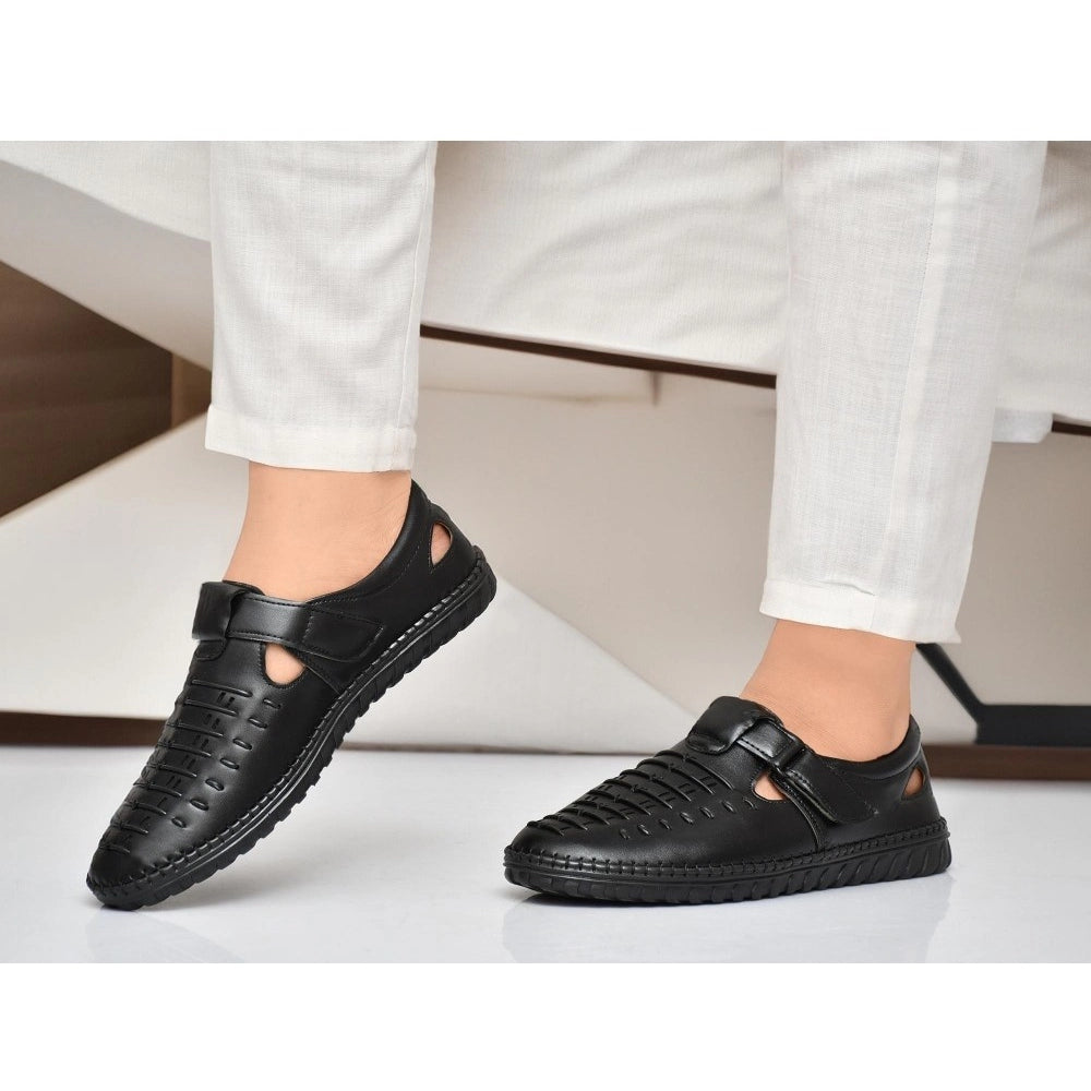 Men's Black Faux Leather Slip-On Sandals