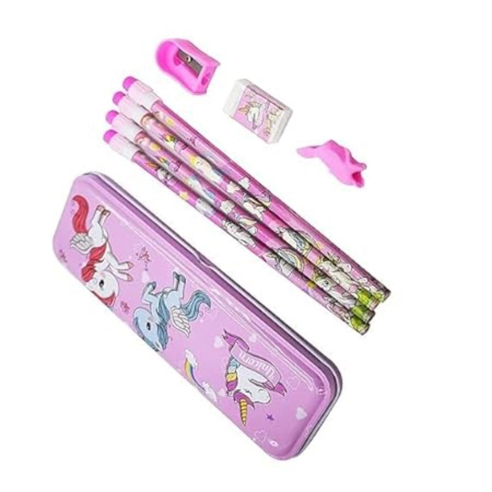8-Pcs Unicorn Metal Pencil Box Set with 4 Pencils, Sharpener, Eraser & Pencil Cap