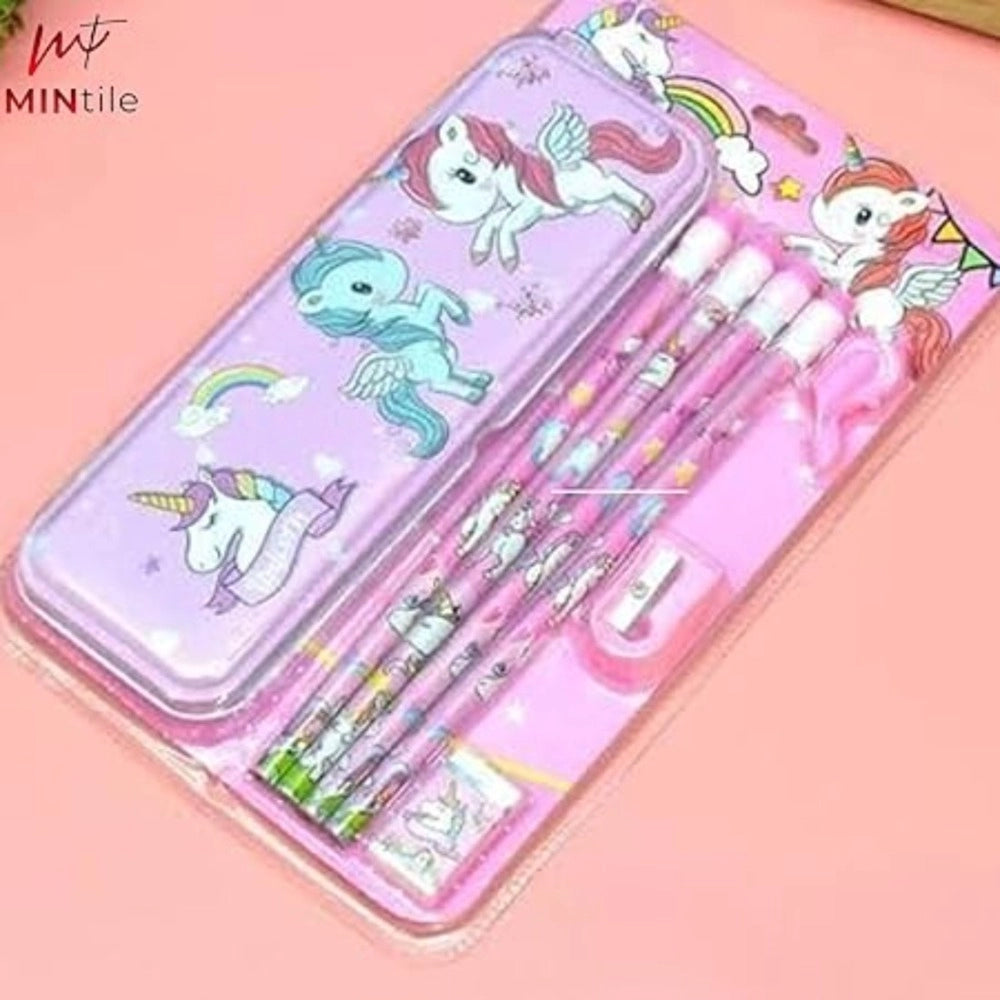 8-Pcs Unicorn Metal Pencil Box Set with 4 Pencils, Sharpener, Eraser & Pencil Cap