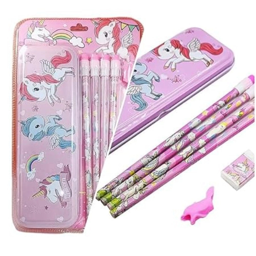 8-Pcs Unicorn Metal Pencil Box Set with 4 Pencils, Sharpener, Eraser & Pencil Cap