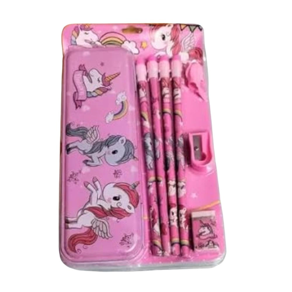 8-Pcs Unicorn Metal Pencil Box Set with 4 Pencils, Sharpener, Eraser & Pencil Cap