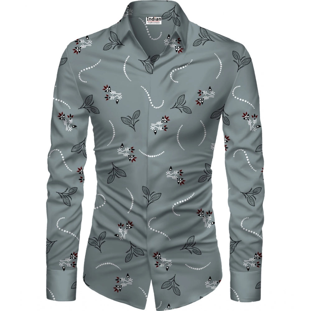 Generic Men's Grey Floral Printed Cotton Blend Unstitched Shirt Fabric – 1.6 Mtr