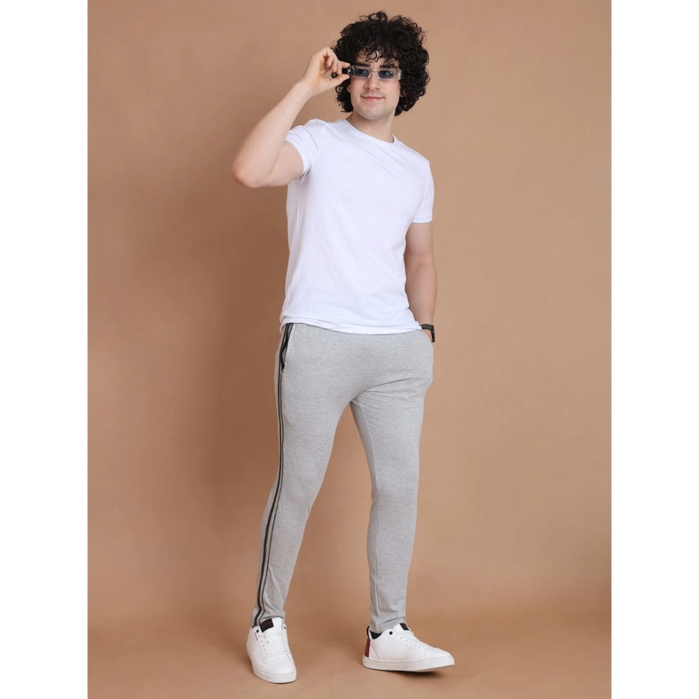 Men's Grey Melange Cotton Striped Track Pants | Full Length Casual & Sports Lower for Men