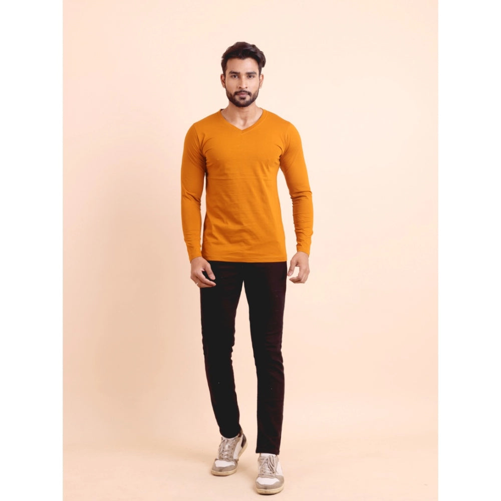 Generic Men's Casual Cotton Solid V Neck Full Sleeve T-Shirt  (Mustard)