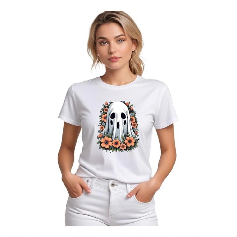 Women’s White Solid Printed Round Neck Half Sleeve T-Shirt