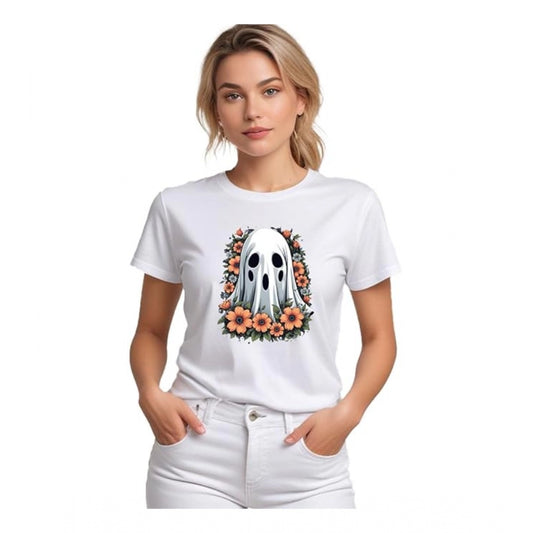 Women’s White Solid Printed Round Neck Half Sleeve T-Shirt