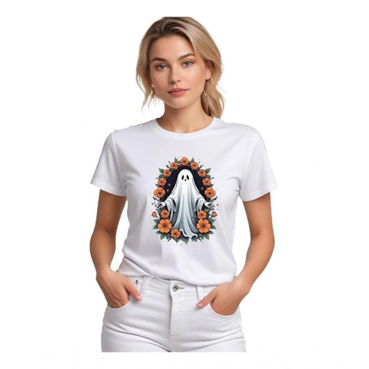 Women’s White Solid Printed Round Neck Half Sleeve T-Shirt