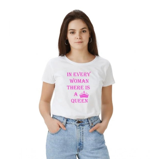 Generic Women's Polyester Solid Printed Round Neck Half Sleeve T-shirt (White)