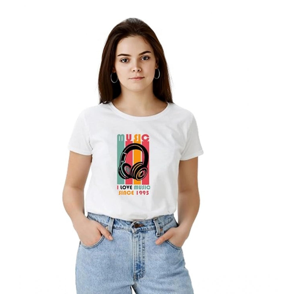 Women’s White Solid Printed Round Neck Half Sleeve T-Shirt