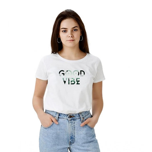 Women’s White Solid Printed Round Neck Half Sleeve T-Shirt