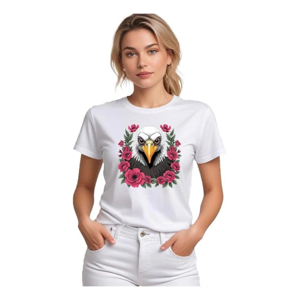 Women’s White Solid Printed Round Neck Half Sleeve T-Shirt