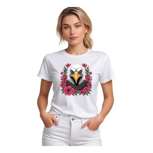 Women’s White Solid Printed Round Neck Half Sleeve T-Shirt