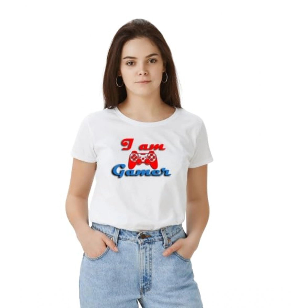 Women’s White Solid Printed Round Neck Half Sleeve T-Shirt