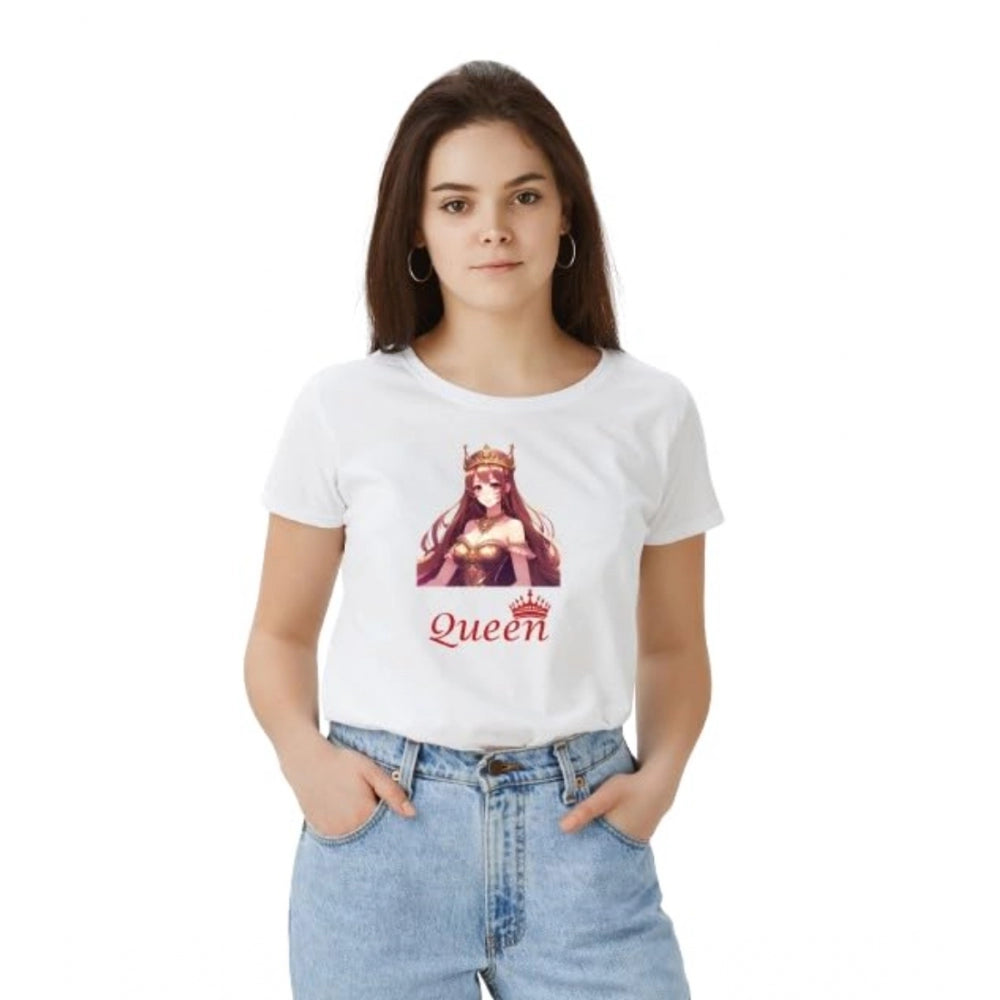 Women’s White Solid Printed Round Neck Half Sleeve T-Shirt