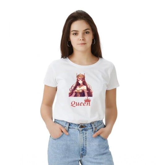 Women’s White Solid Printed Round Neck Half Sleeve T-Shirt