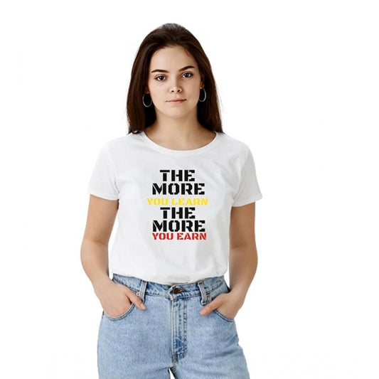 Women’s White Solid Printed Round Neck Half Sleeve T-Shirt