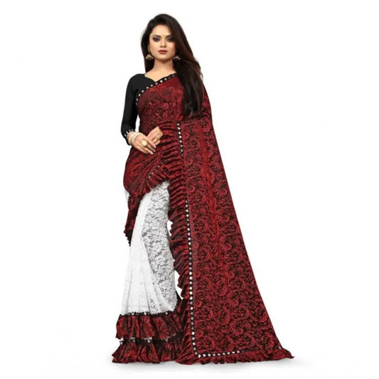 Generic Women's Silk With Mirror Lace Solid Saree With Unstitched Blouse (Red, 5-5 Mtrs)