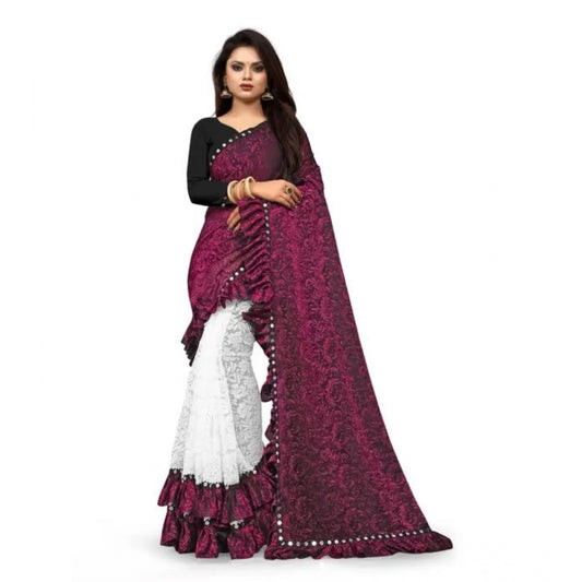 Generic Women's Silk With Mirror Lace Solid Saree With Unstitched Blouse (Pink, 5-5 Mtrs)
