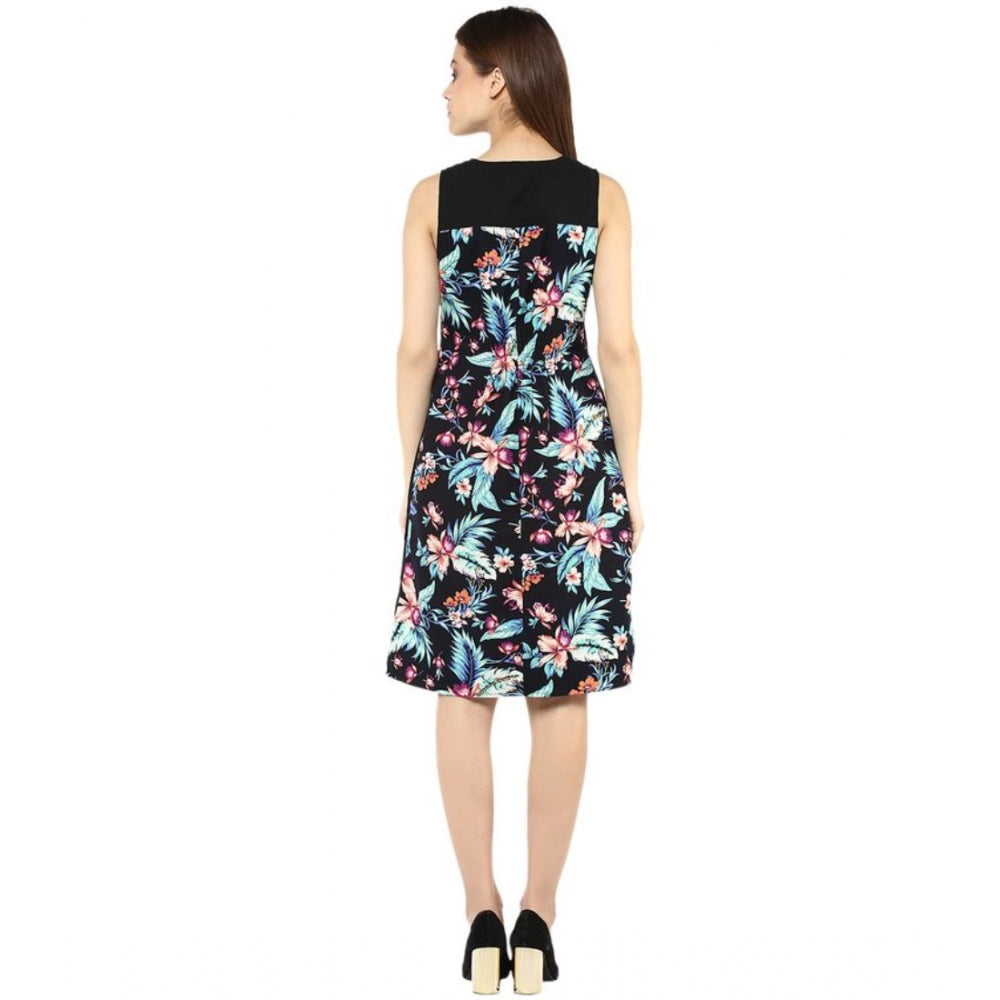 Generic Women's Polyester Printed Sleeveless Above Knee Dress (Black - Multicolor)