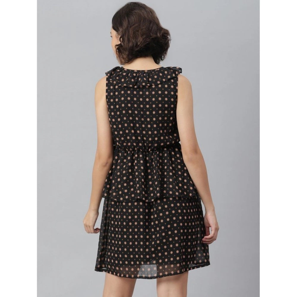 Generic Women's Polyester Peplum Sleeveless Above Knee Dress (Black)