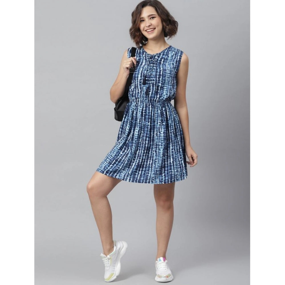 Generic Women's Rayon Tie &amp; Dye Sleeveless Above Knee Dress (Blue)