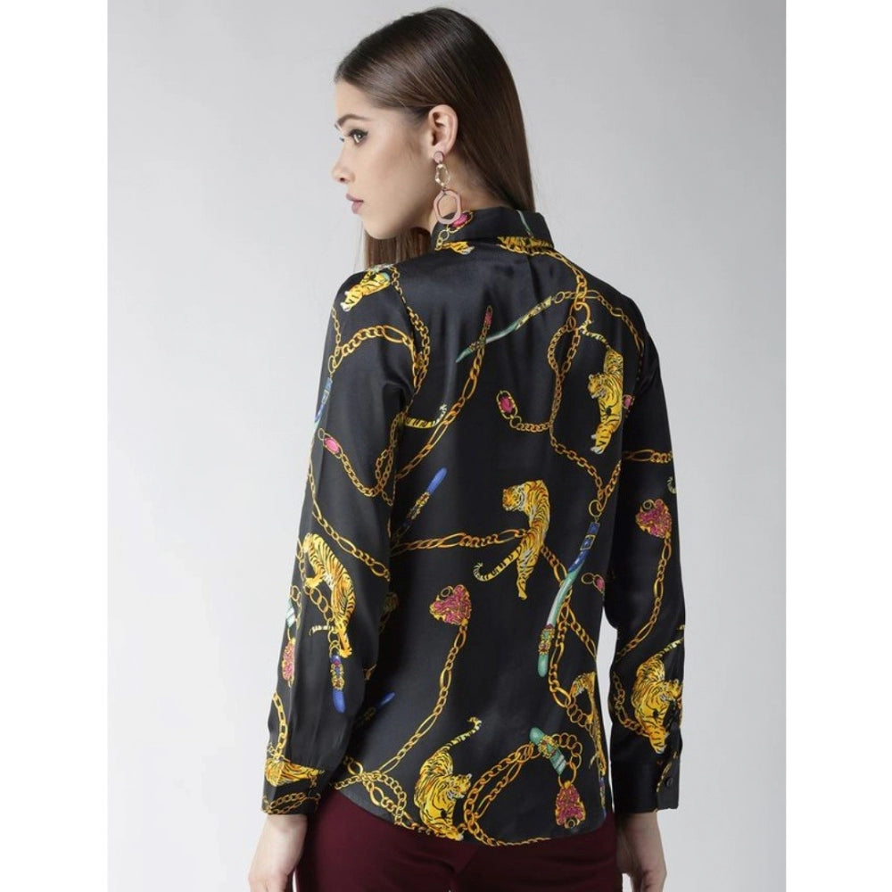 Women's Satin Printed Long Sleeve Shirt – Black & Gold