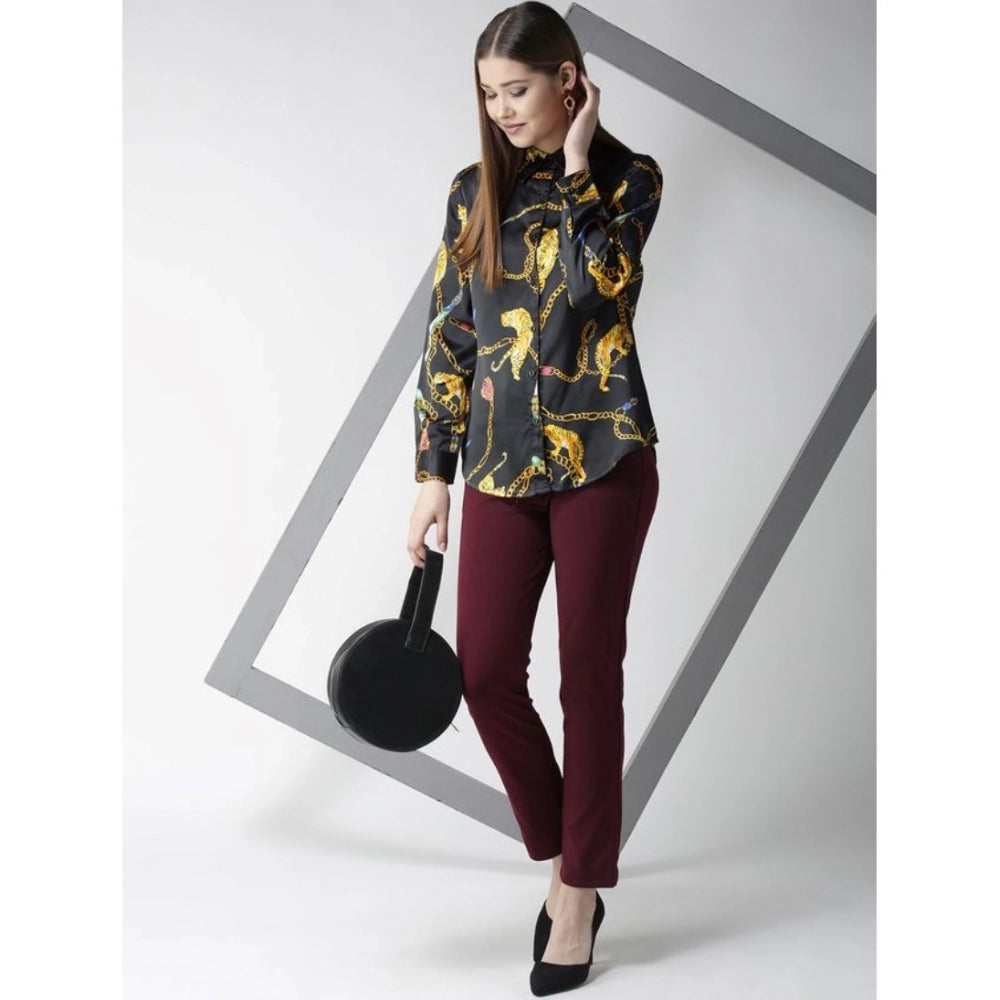 Women's Satin Printed Long Sleeve Shirt – Black & Gold