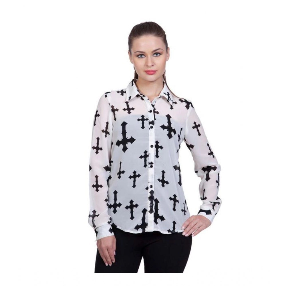 Women's Polyester Printed Long Sleeve Shirt – White
