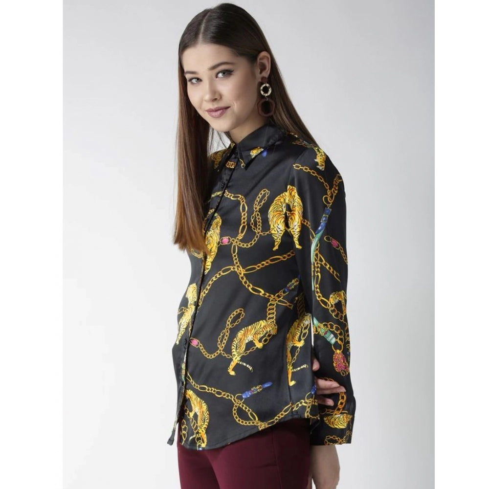 Women's Satin Printed Long Sleeve Shirt – Black & Gold
