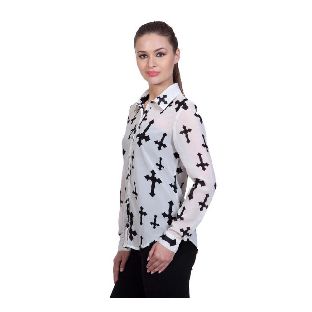 Women's Polyester Printed Long Sleeve Shirt – White