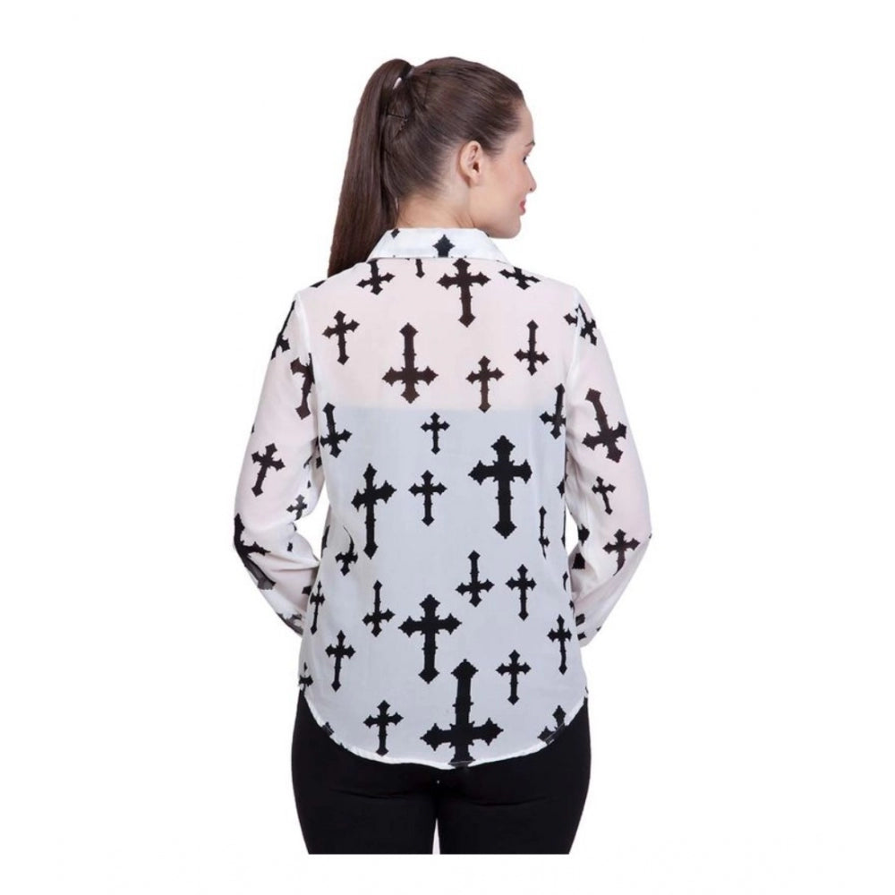 Women's Polyester Printed Long Sleeve Shirt – White