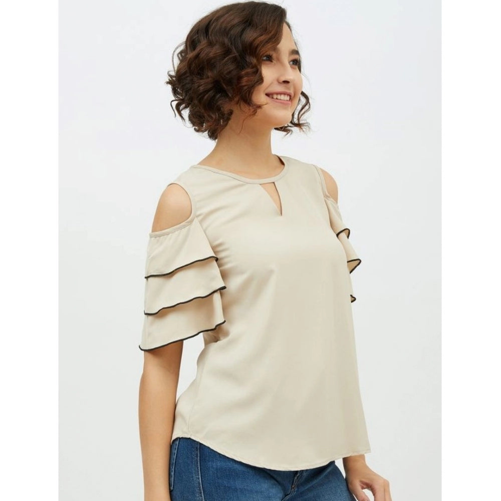 Generic Women's Polyester Tiered Cold Shoulder Top (Beige)