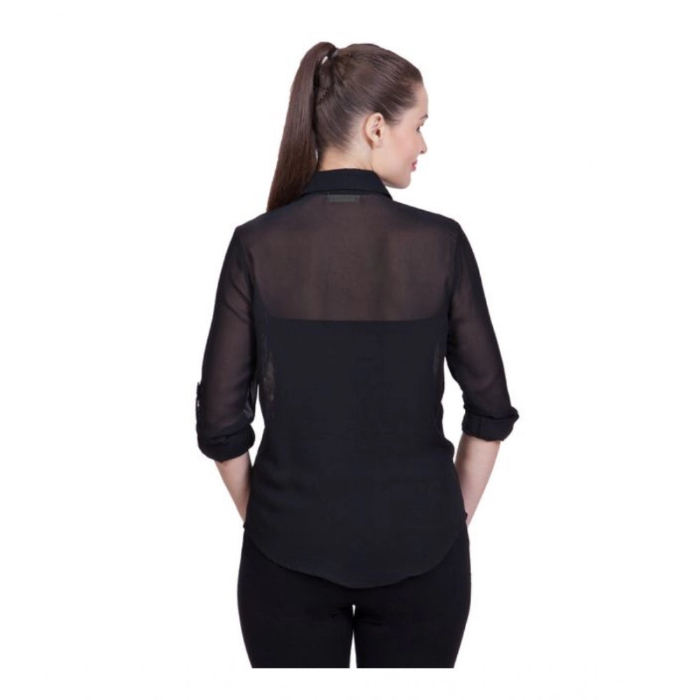 Women's Polyester Printed Roll-Up Sleeve Shirt – Black