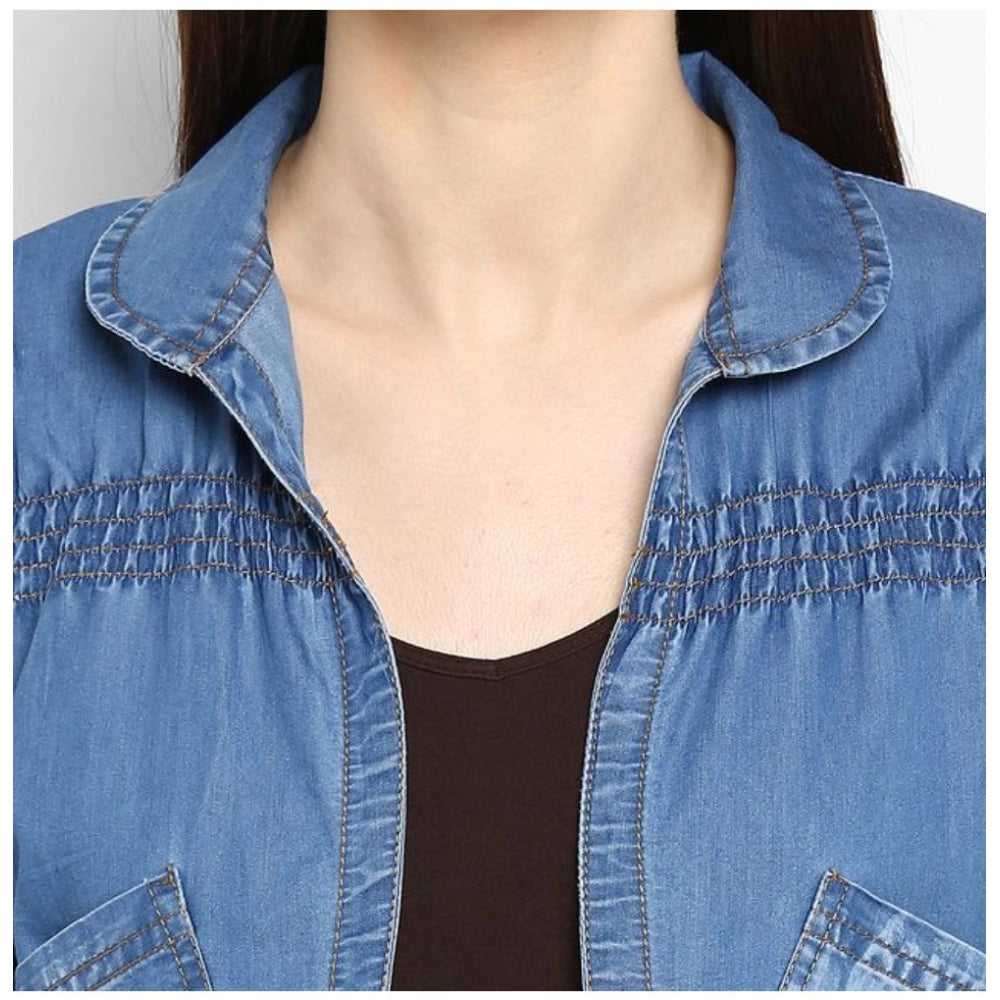 Generic Women's Denim Smocking 3-4th Sleeves Shrug (Blue)