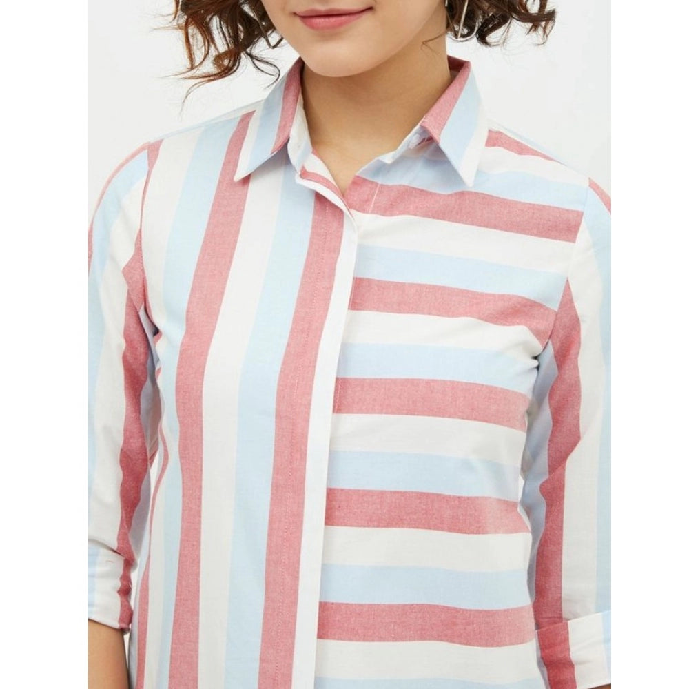Generic Women's Cotton Striped Long Sleeves Standard Length Shirt (Pink)