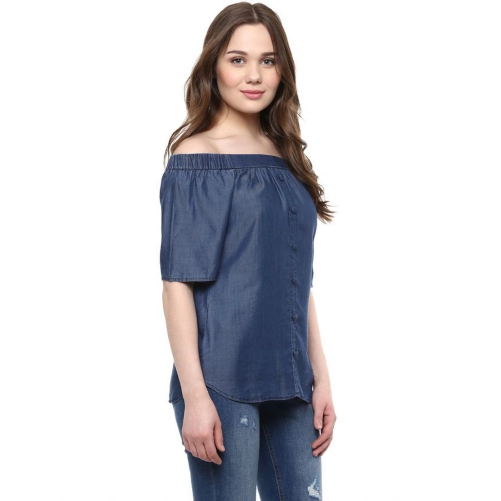 Generic Women's Denim Solid Short Sleeve Regular Top (Blue)