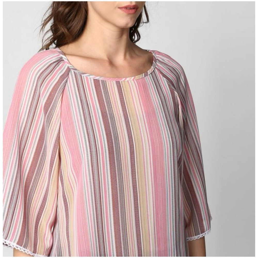 Generic Women's Polyester Striped 3-4th Sleeves Top (Pink)