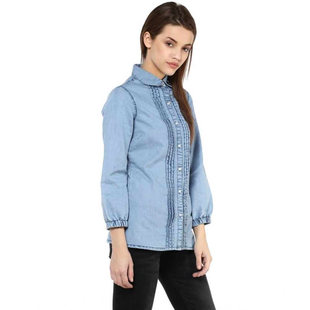 Women's Denim Solid 3/4 Sleeve Standard Length Shirt – Blue
