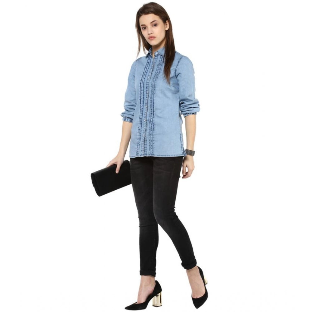 Women's Denim Solid 3/4 Sleeve Standard Length Shirt – Blue