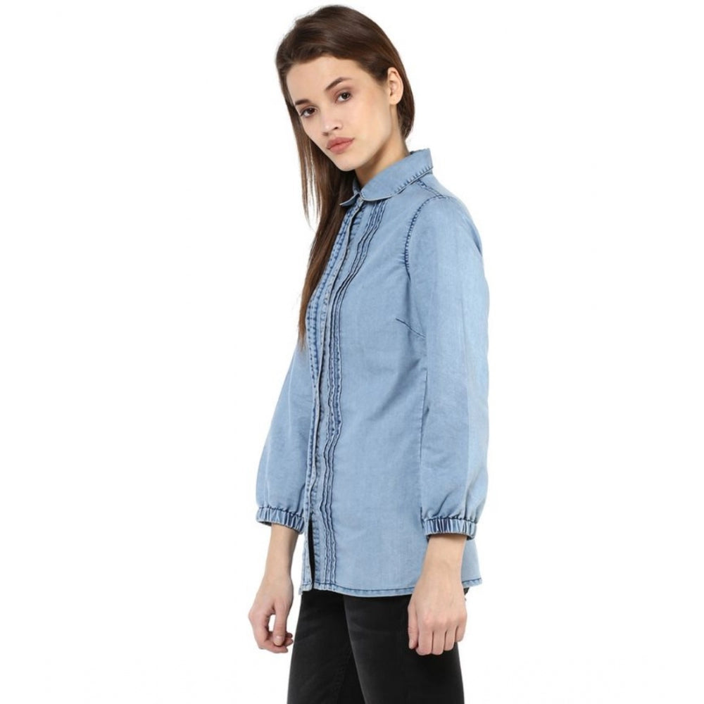 Women's Denim Solid 3/4 Sleeve Standard Length Shirt – Blue