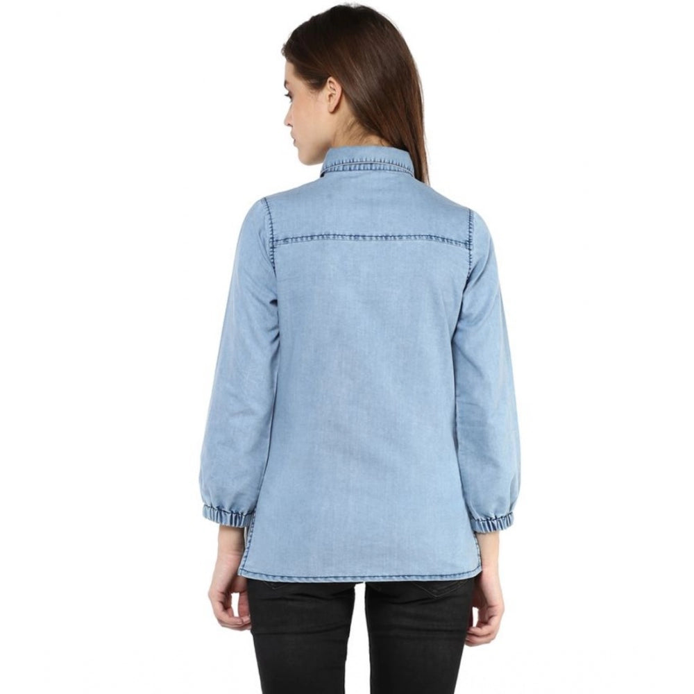 Women's Denim Solid 3/4 Sleeve Standard Length Shirt – Blue