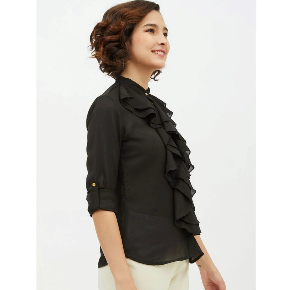 Generic Women's Polyester Ruffled Long Sleeves Standard Length Shirt (Black)