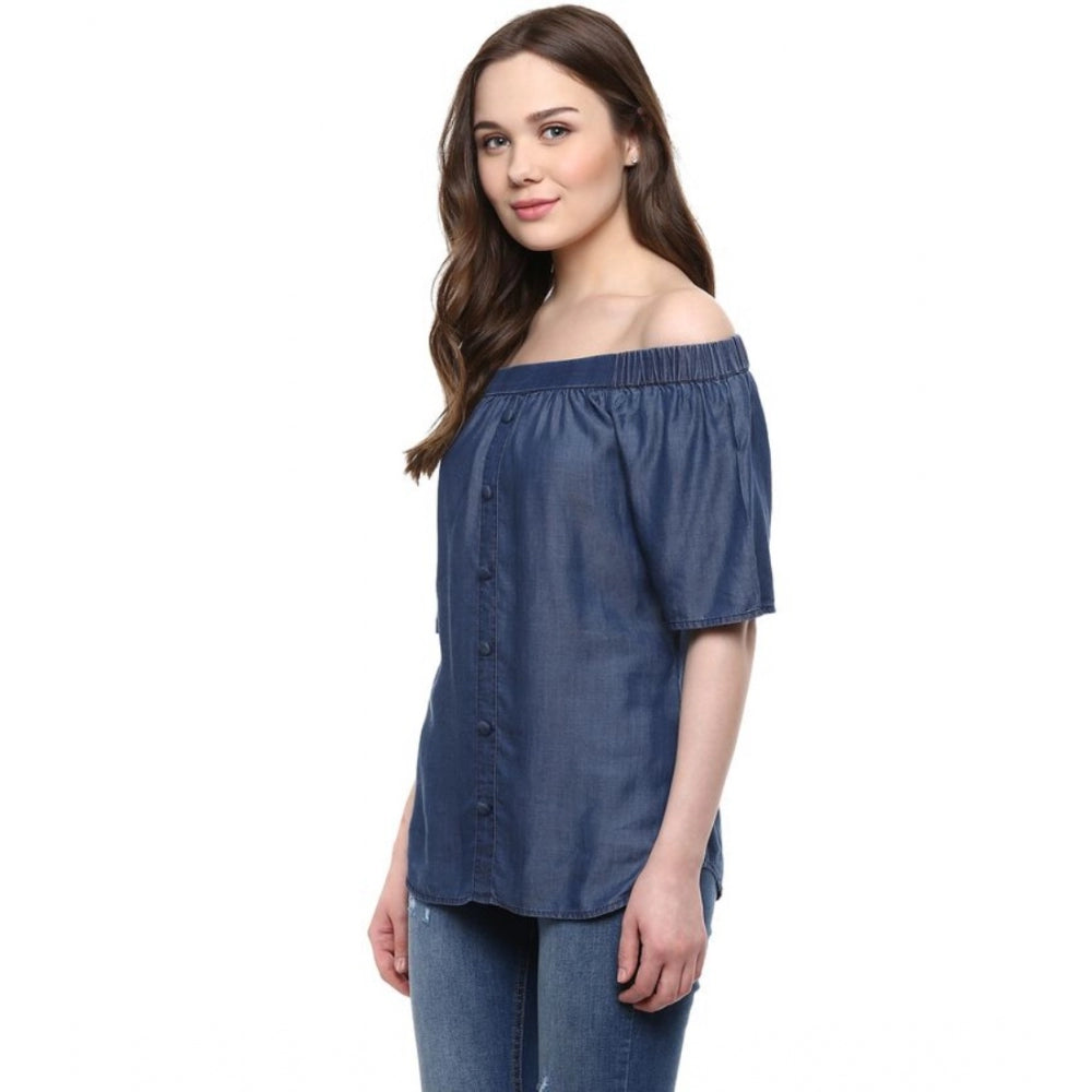 Generic Women's Denim Solid Short Sleeve Regular Top (Blue)