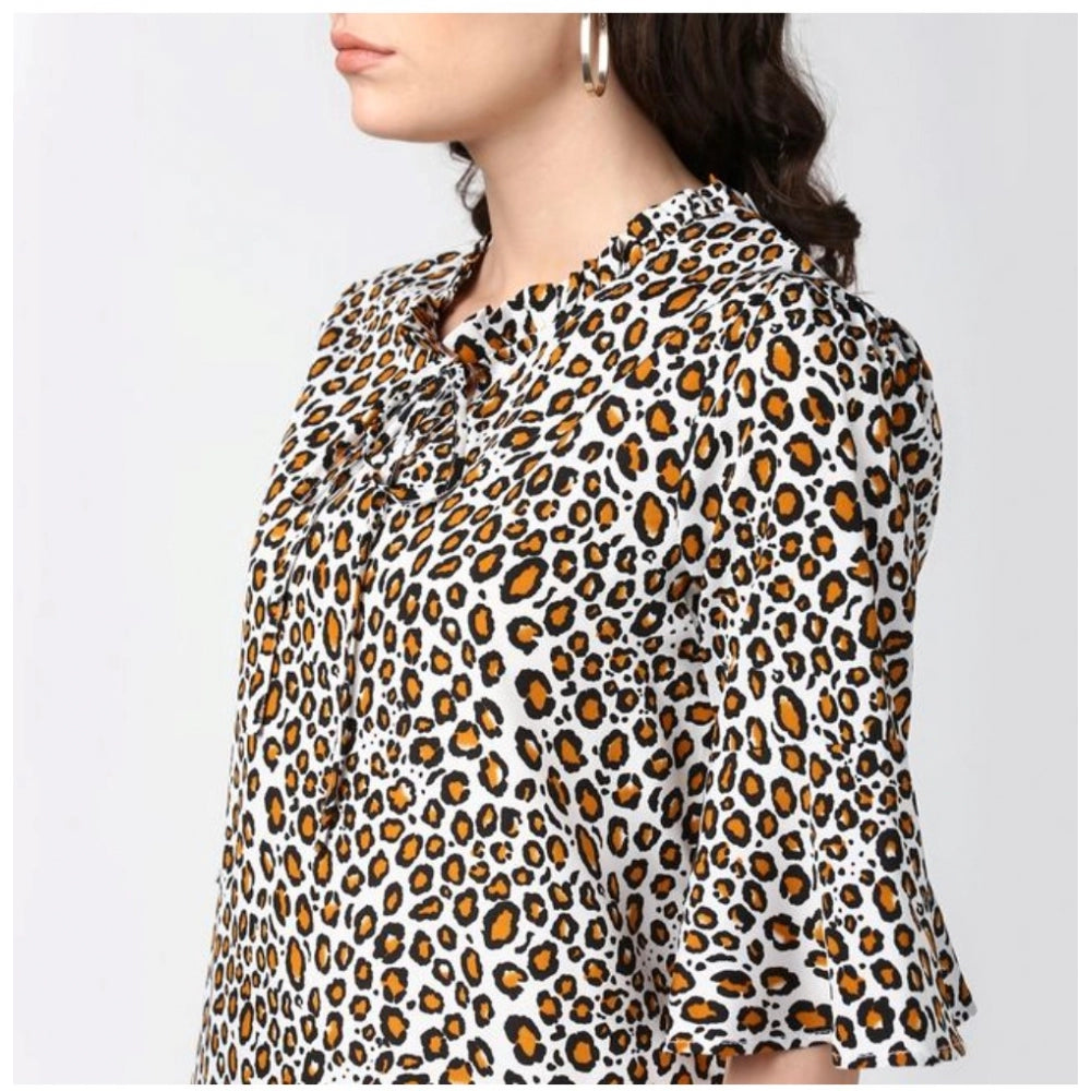 Generic Women's Polyester Animal Print Bell Sleeve Top (Orange - Black)